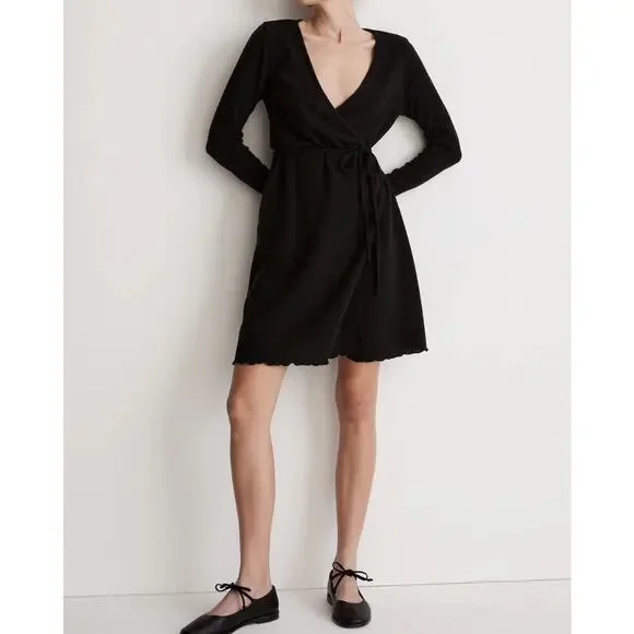 Madewell Ribbed Knit Wrap Mini Dress in black #NI685 Size XS - Picture 1 of 8